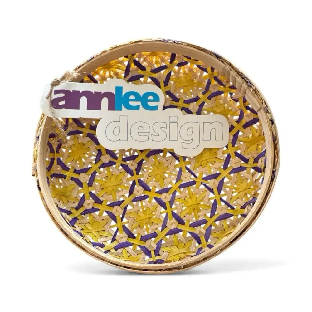 Ann Lee Designs handwoven bamboo decorative basket tray 7.5” Purple yellow